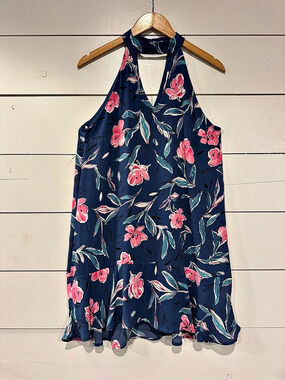 Peach Love California Navy Pink Floral Halter Dress
Size Small